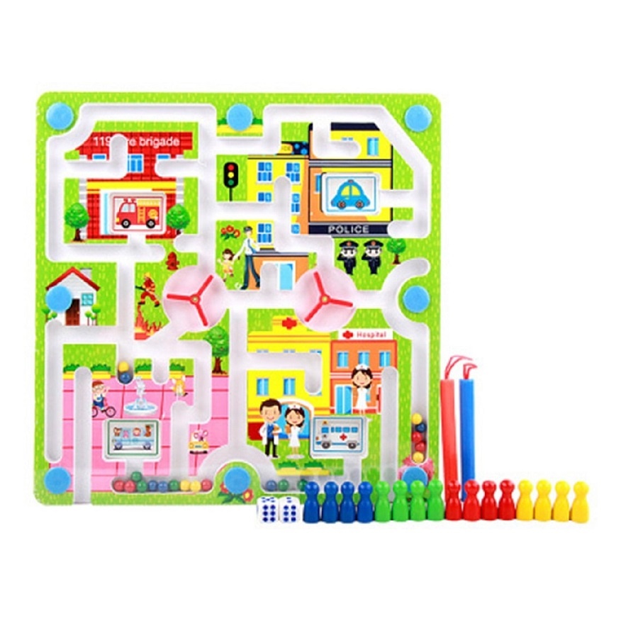 Joc cu labirint 2 in 1 pentru copii 3 ani+, din lemn, cu 2 jocuri diferite oras/avioane, 25x25x1.5 cm, multicolor - 2 | YEO