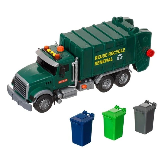 Jucarie camion gunoier, cu 3 pubele, cu lumina si sunet, 42x14x21.5cm, verde - 1 | YEO
