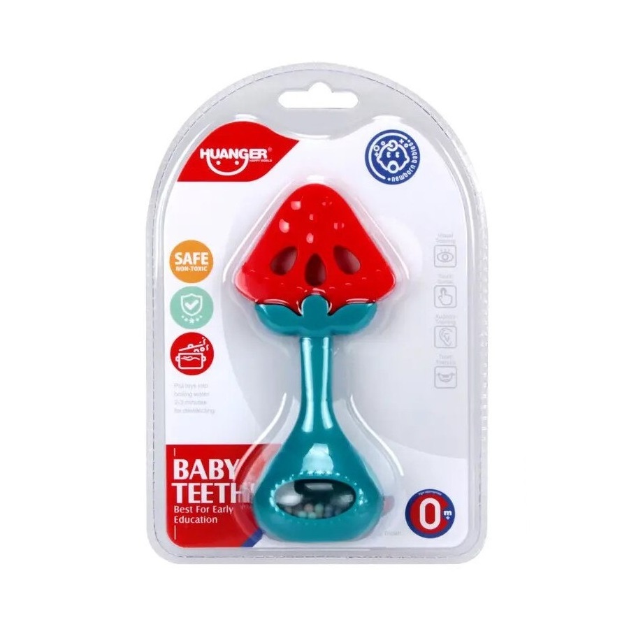 Jucarie de dentitie si zornaitoare pentru bebelusi, capsunica, din silicon si plastic, 13x6 cm, rosu-verde - 1 | YEO