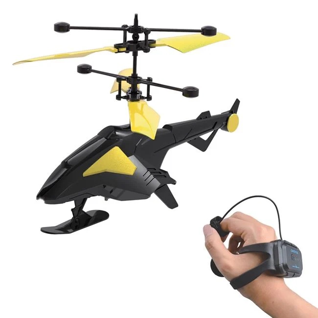 Jucarie elicopter Predator, cu lumina led si telecomanda cu ceas si infrarosu, 31x6x20cm, negru-galben