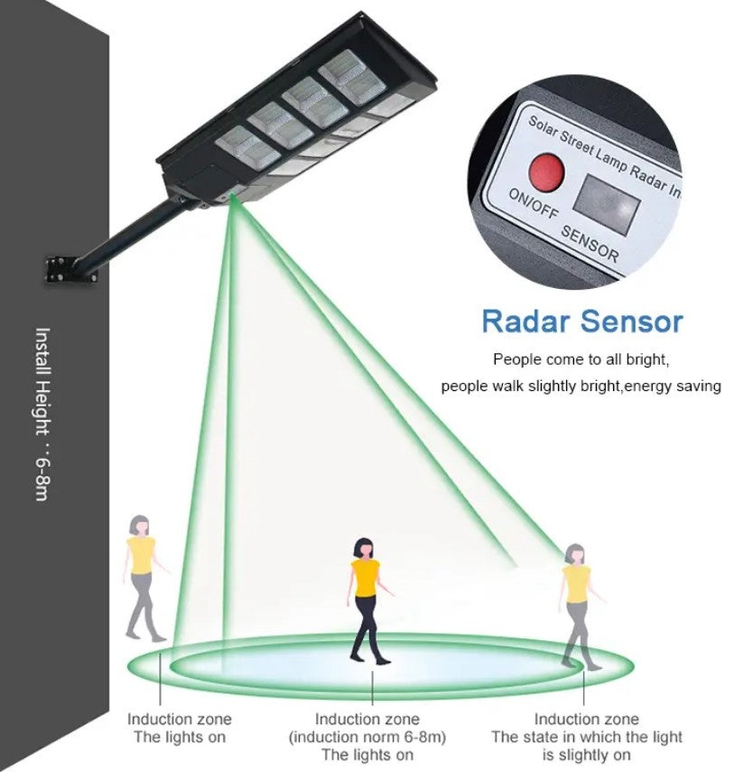 Lampa solara stradala cu panou solar si acumulator incorporate, cu inductie, 800W, 1600Lm, negru - 2 | YEO