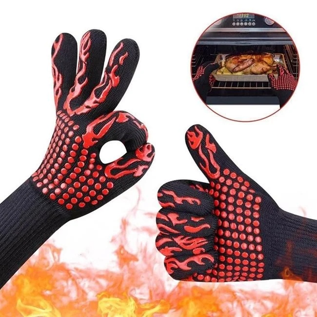 Mănuși BBQ Negre cu Modele Roșii, Rezistente la Temperatură, Set 2 Bucăți - 3 | YEO