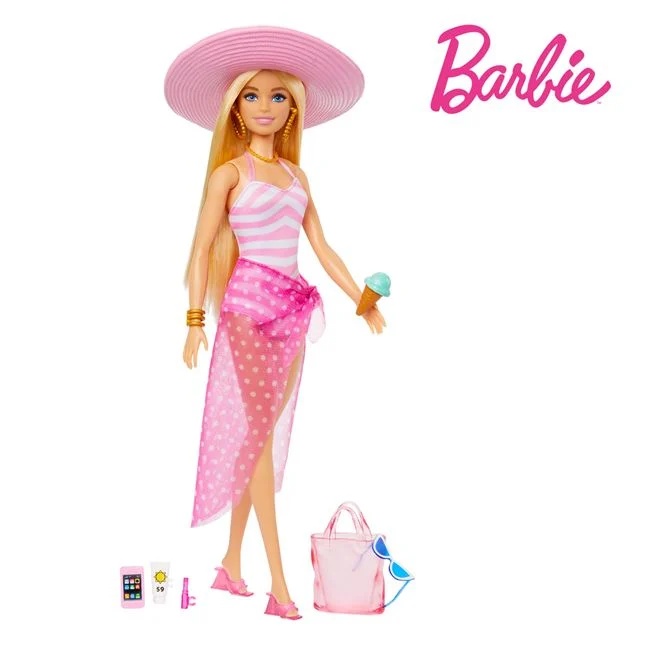 Papusa Barbie Beach Glam in costum de baie si accesorii incluse, varsta 3+ ani, 15x6x32cm, roz - 1 | YEO
