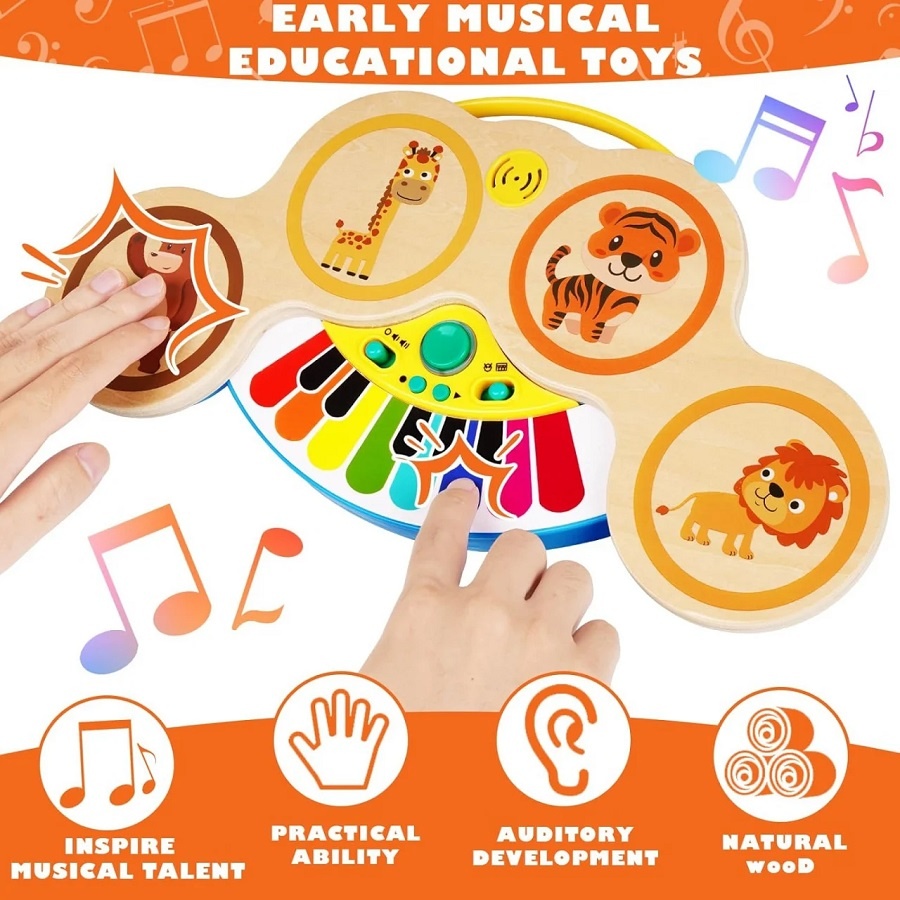 Pian si tobe din lemn, pentru copii 1 an+, 2 in 1, Magic Touch, cu sunete si lumini, 22.5 x 13 x 2.5 cm, multicolora - 1 | YEO