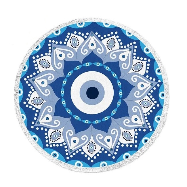 Prosop Rotund pentru Plaja, Model cu Ochi si Franjuri Albe, Diametru 150cm, Albastru