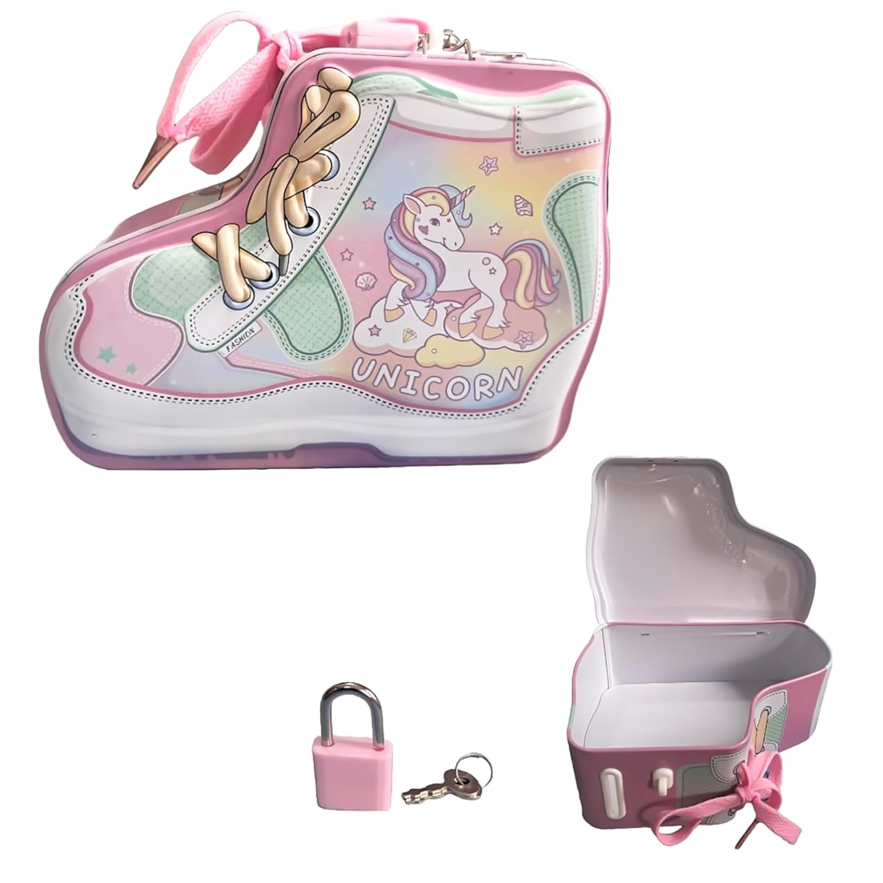 Pusculita pentru Copii, in Forma de Pantof Sport, Dino/Unicorn, cu Lacat, 12x15x6cm, Bleu/Roz - 3 | YEO