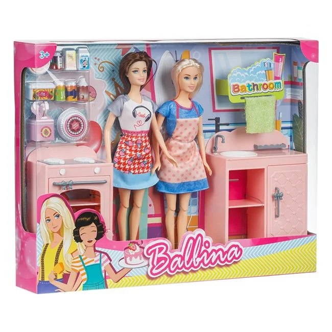 Set de joaca cu baie si bucatarie, 2 papusi si accesorii incluse, varsta 3+ ani, 43x6x32.5cm, multicolor