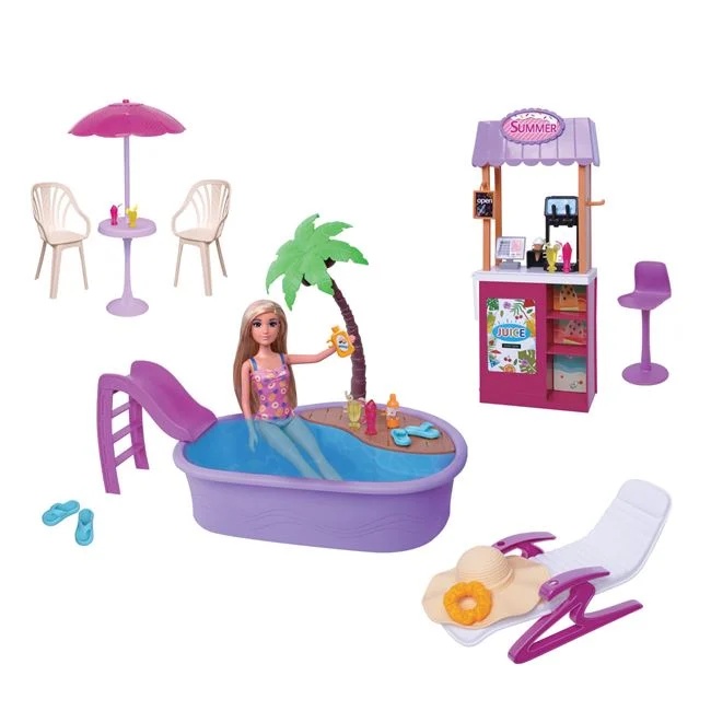 Set de joaca piscina cu sezlong, cu bar si papusa, accesorii incluse, varsta 3+ ani, 45x7x33cm, multicolor - 1 | YEO