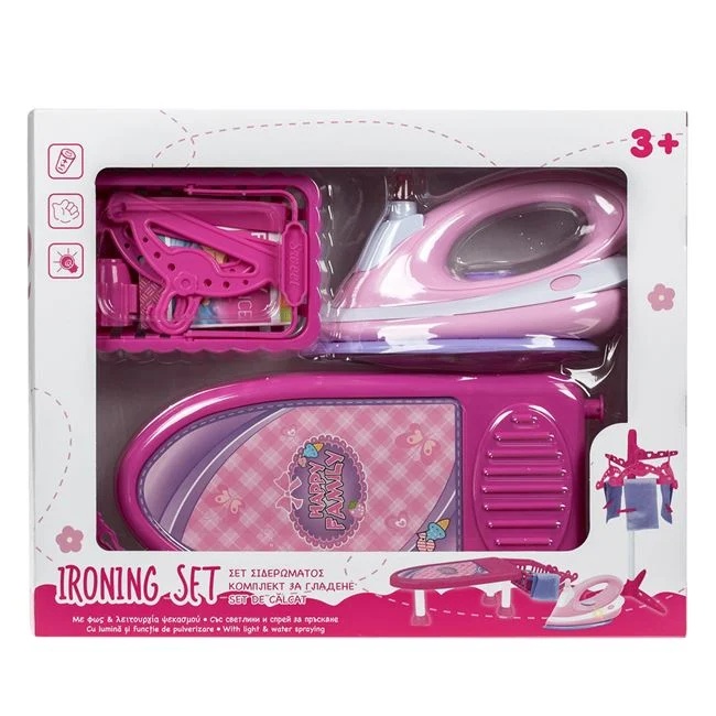 Set masa de calcat, uscator de rufe si fier de calcat, pentru copii, cu sunet si lumina, 39x10x32cm, roz