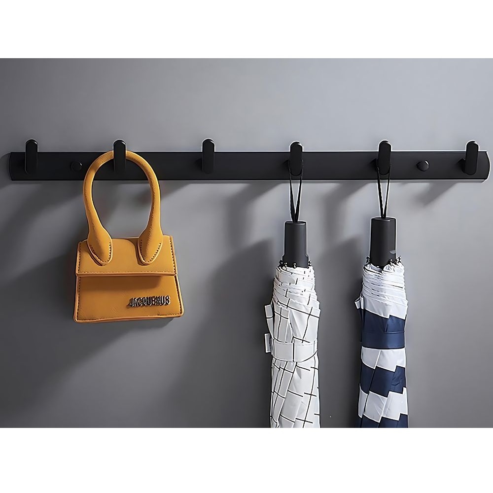 Suport de perete pentru hol, baie sau dormitor, cu 6 carlige, metal, 54.5x3.5cm, negru