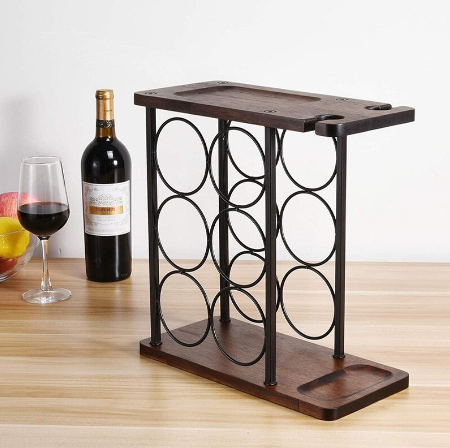 Suport pentru 6 sticle vin si 2 pahare, din otel si lemn, 34x16x35 cm, negru-maro - 2 | YEO