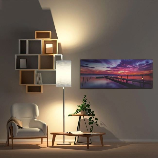 Tablou decorativ cu iluminare led interioara, peisaj dig la apus de soare, 100x40x1.5 cm, multicolor - 1 | YEO