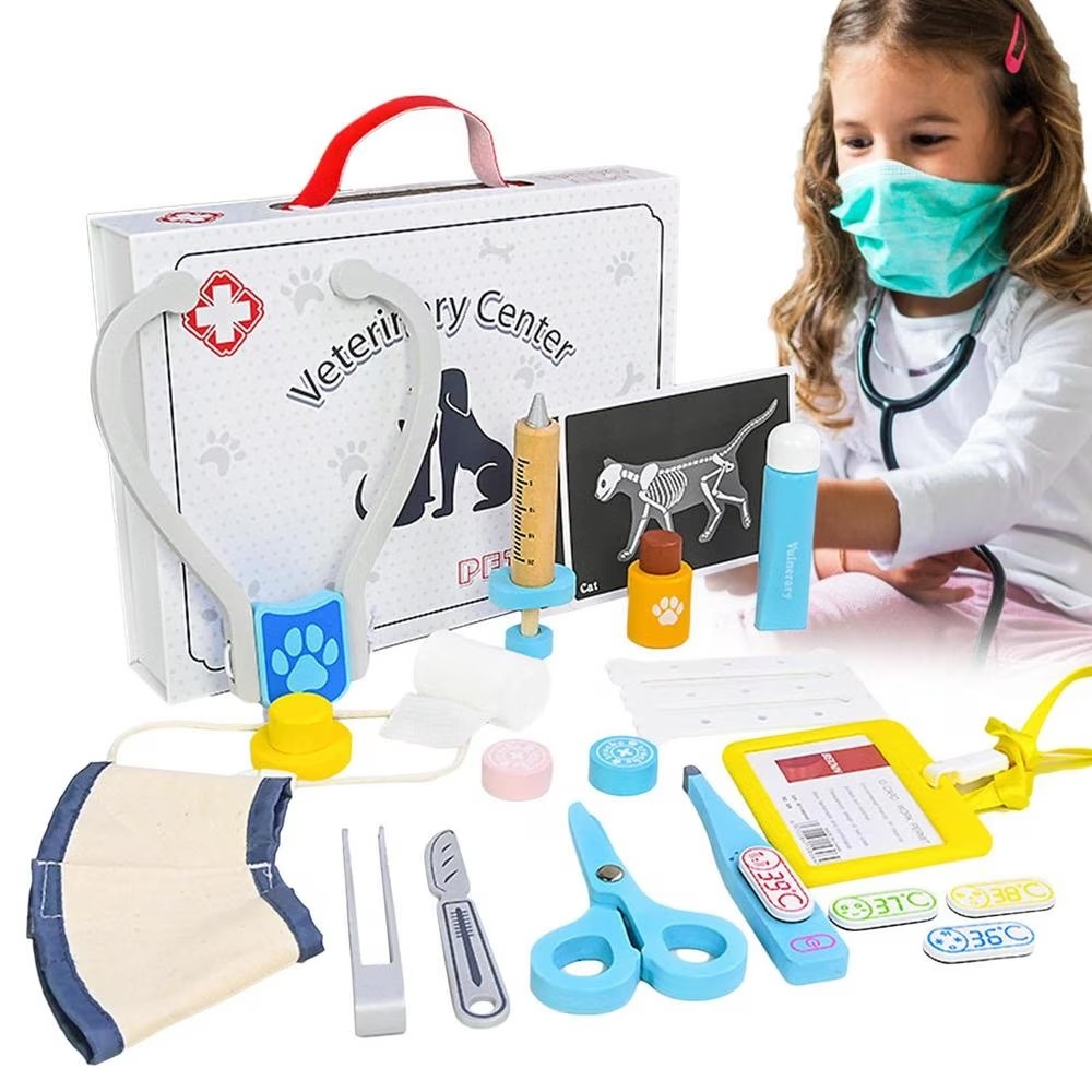 Trusa Veterinar de jucarie, cu 22 accesorii, pentru copii 3 ani+, din lemn, 27x20x4.5 cm, multicolor - 3 | YEO