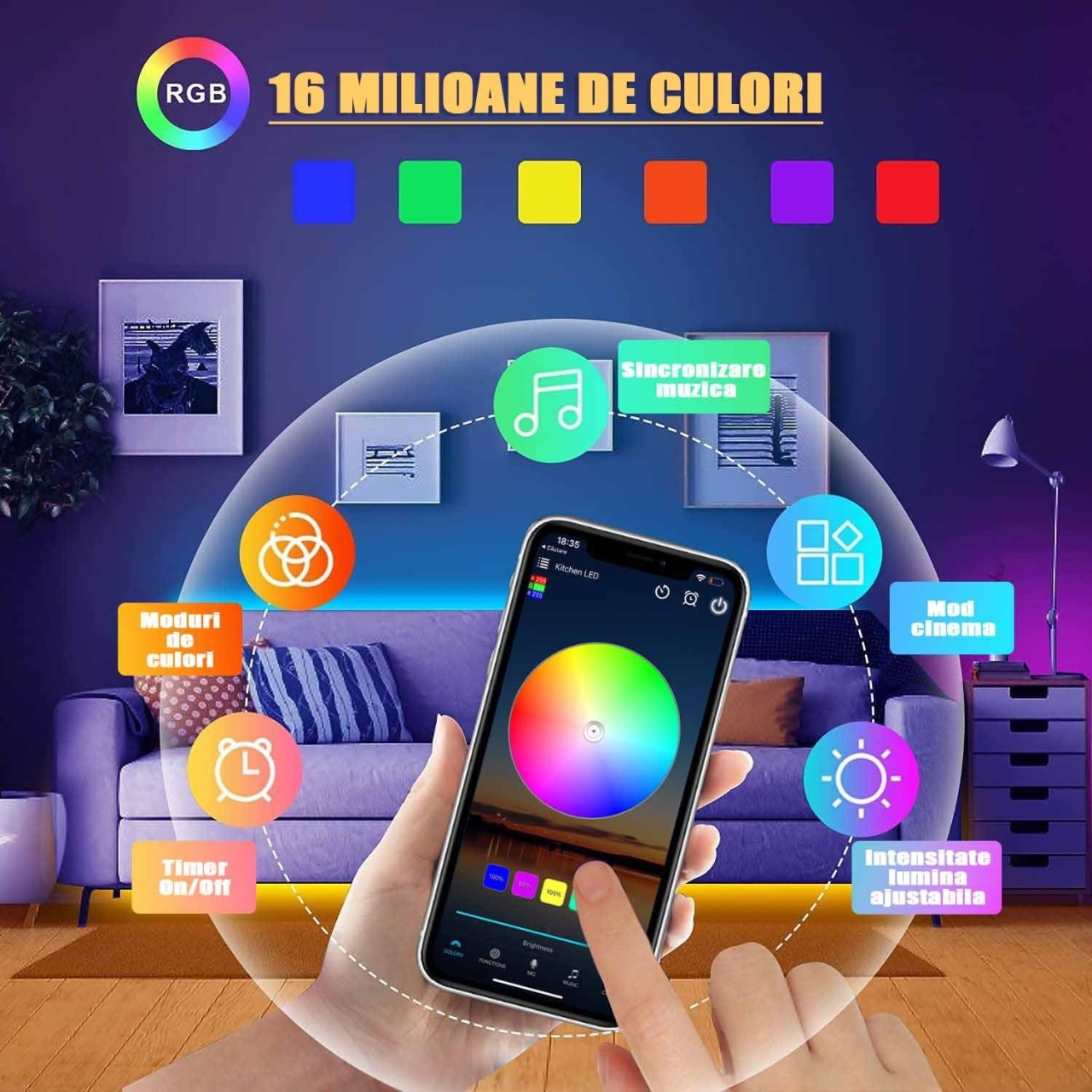 Banda LED Inteligenta, Aurora-X, cu WiFi, Bluetooth, RGB, Autoadeziva, IP65, 2x5m Lungime - 3 | YEO