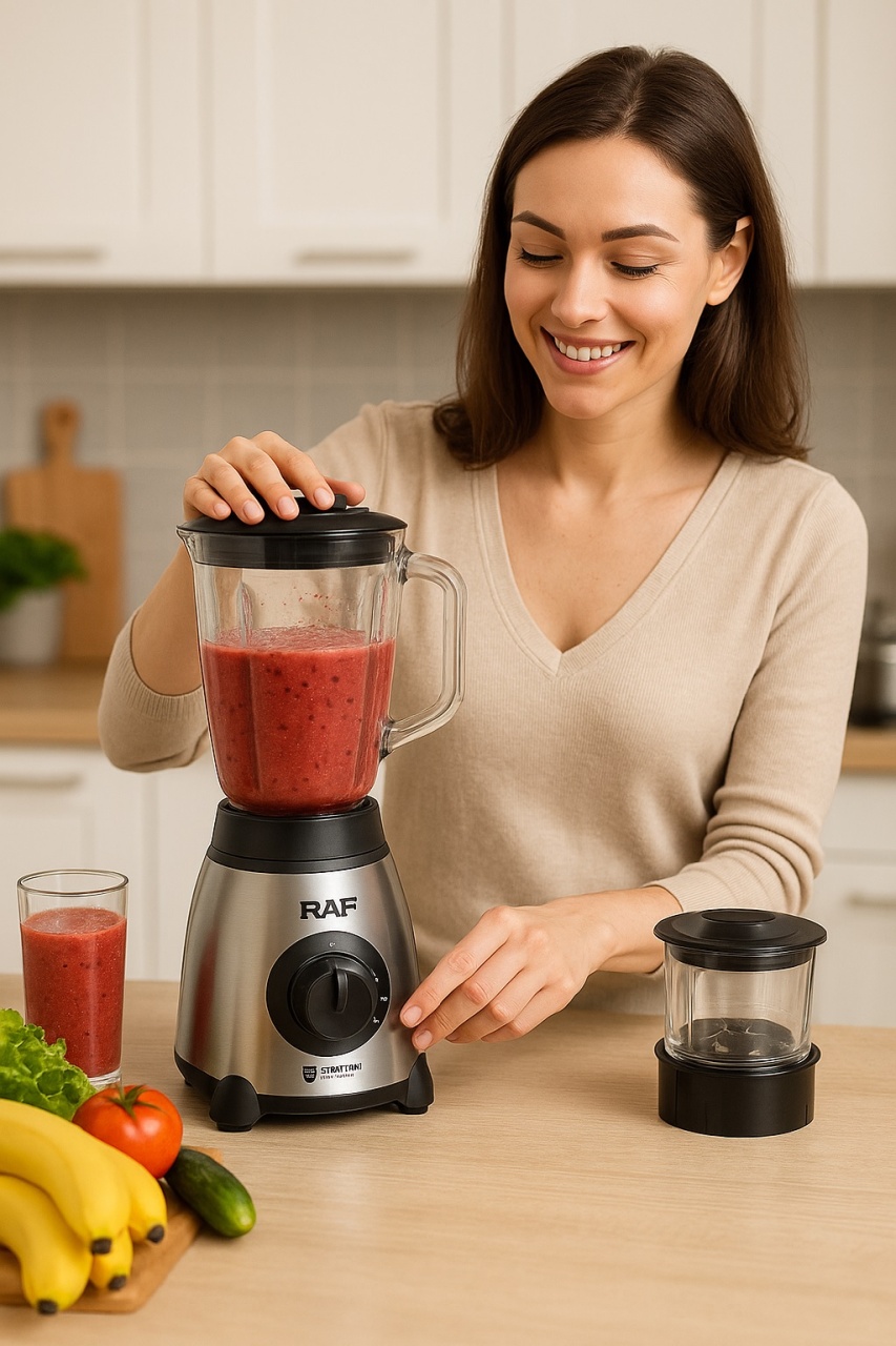 Blender Electric 3 în 1 RAF R.2871, 1000W, Pahar 1.5L din Sticlă, Vas Inox, Râșniță, 2 Viteze + Pulse, StayFresh, Negru/Inox - 1 | YEO