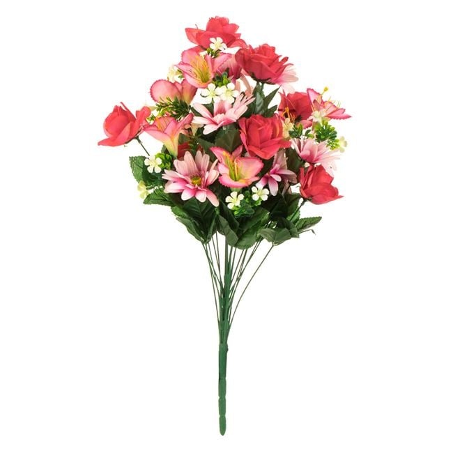 Buchet din flori artificiale, din trandafiri roz, margarete, crini si flori albe cu frunze verzi, 60 cm, roz/alb