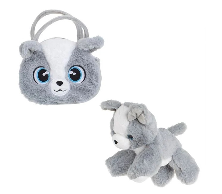 Câine de Pluș cu Geantă din Imitație de Blană, poliester, 20×8×22 cm, gri/alb/roz - 2 | YEO