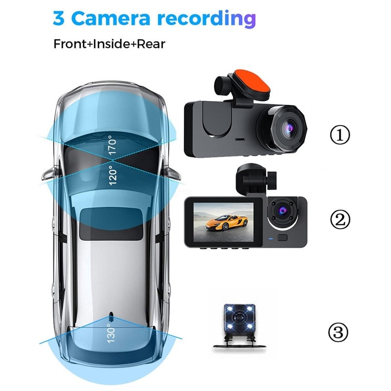 Camera tripla auto DVR slim, ecran LCD 2 inchi, Full HD, 3 lentile, 2 fata si 1 spate, senzor G, negru - 2 | YEO