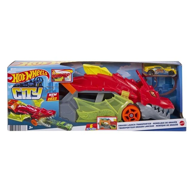 Camion in forma de dragon Hot Wheels care lanseaza masini, insotit de o masina Hot Wheels, din metal, 35.5x7.5x13cm, multicolor