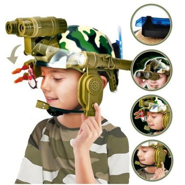 Casca de Armata de Jucarie, pentru Copii peste 6 ani, cu Lumina LED, Binoclu si Ochelari, Verde Camuflaj - 1 | YEO