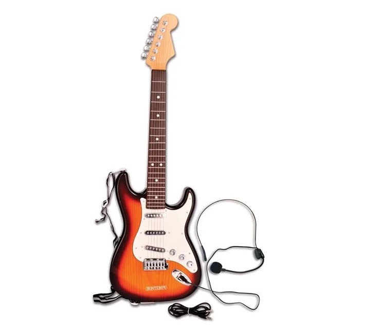 Chitară Electrică cu Microfon, Sunet Rock, Functii multiple, 5ani+, 71x6x23 cm, maro/alb - 2 | YEO
