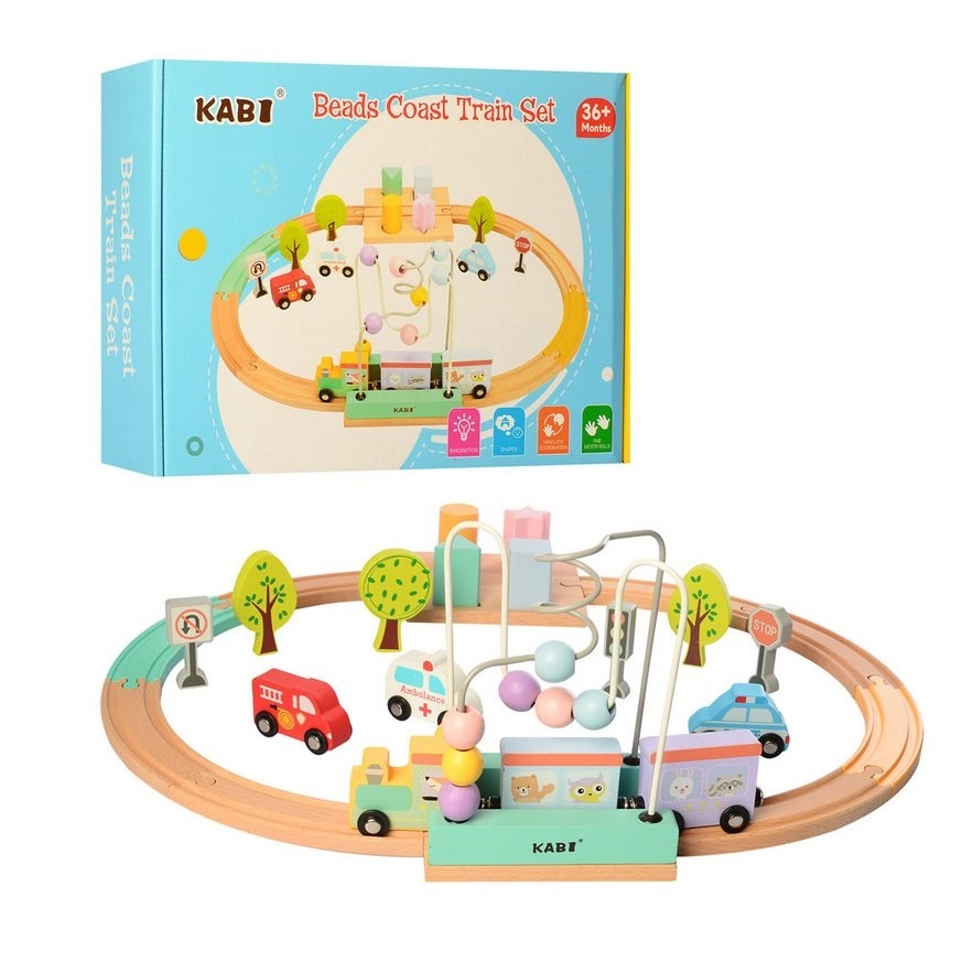 Circuit cu trenulet interactiv, cu 20 piese, bile, animale, masini si copaci, din lemn, 30x23x10 cm, multicolor - 3 | YEO