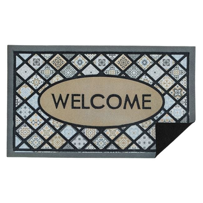 Covoras pentru intrare din cauciuc cu suprafata textila, model tiles cu mesajul WELCOME, 75x45 cm, gri - 2 | YEO