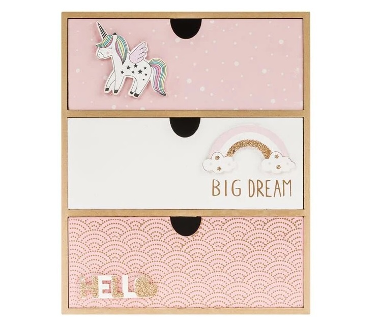 Cutie Decorativă cu 3 Sertare, Model 3D Unicorn, lemn, 21x10x27cm, roz/alb - 1 | YEO
