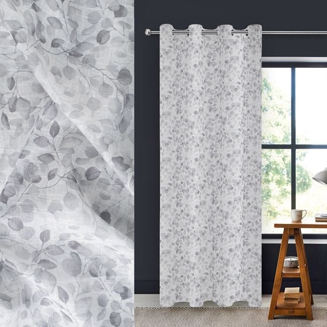 Draperie decorativa , grad de umbrire scazut -lasa multa lumina sa treaca, model cu frunze, cu inele, 140x260 cm, alb/gri - 1 | YEO