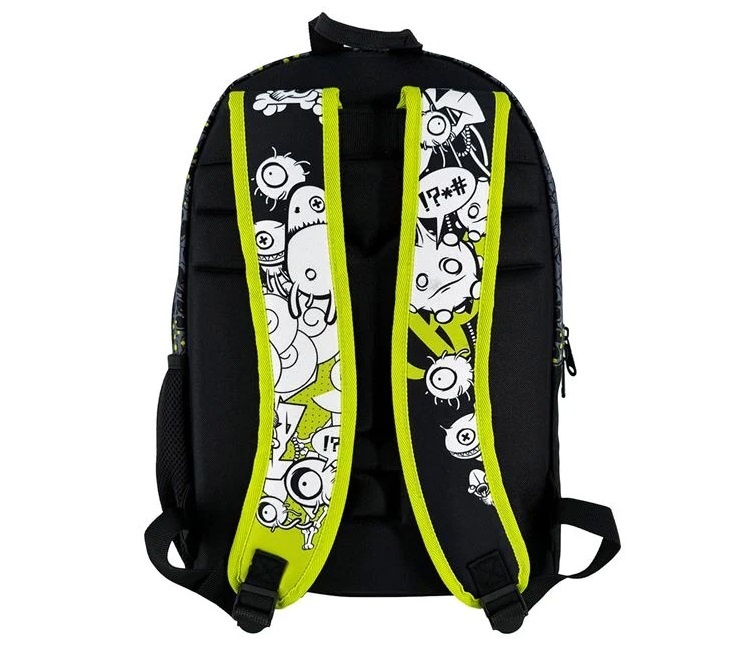 Ghiozdan cu Fermoar Mare, model Skateboard cu Cranii, 30x19x44 cm, negru cu verde, - 3 | YEO