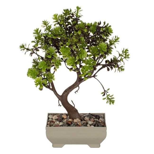 Ghiveci decorativ cu planta bonsai artificiala, decorat cu pietre, 26 cm , bej