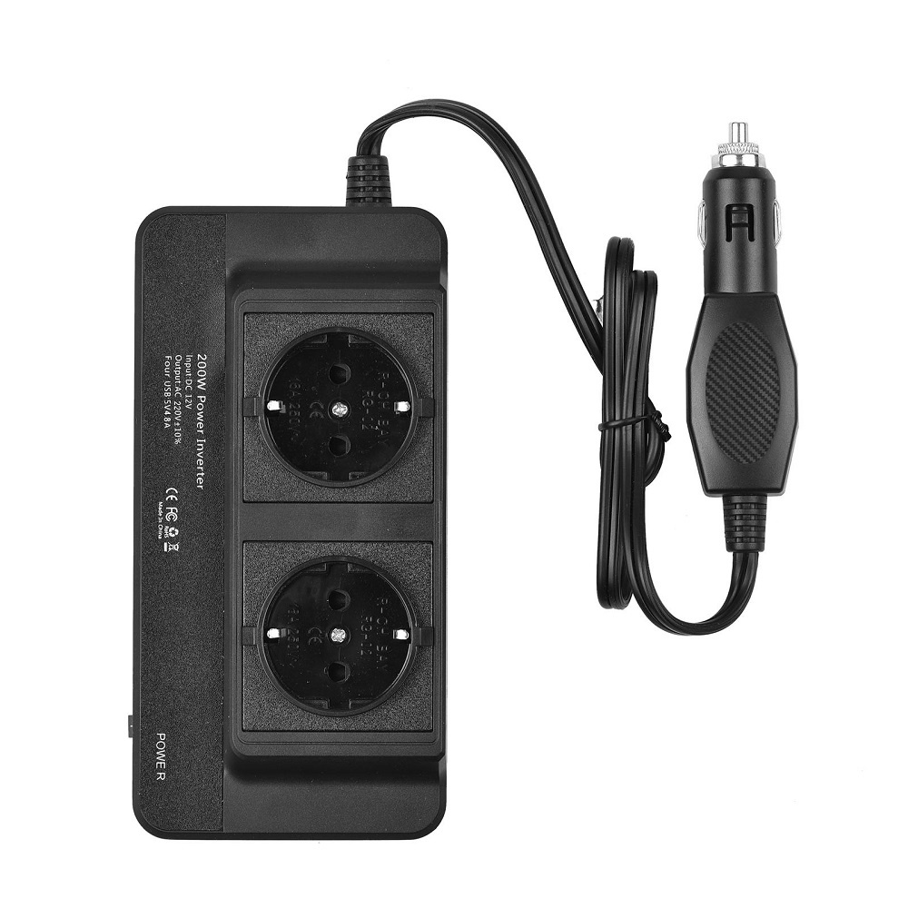 Invertor auto 12V la priza dubla EU 220V, de maxim 200W, cu 2 porturi USB si un USB Type C, 60 cm cablu, 21x6x5 cm, negru