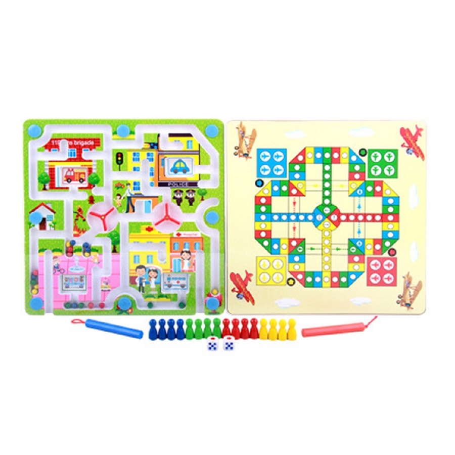 Joc cu labirint 2 in 1 pentru copii 3 ani+, din lemn, cu 2 jocuri diferite oras/avioane, 25x25x1.5 cm, multicolor - 3 | YEO