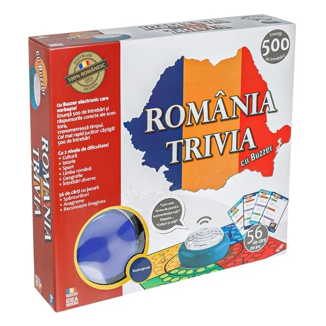 Joc de societate „România Trivia” cu buzzer care vorbește, enunță 500 întrebări, vârstă 8+ ani, multicolor