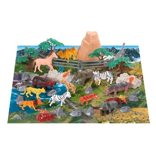 Joc educativ cu plansa si 50 animale salbatice pentru copii 3+ ani, Plastic, 16x16x30cm, Multicolor - 1 | YEO