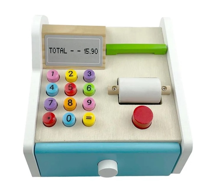 Jucărie Educativă din Lemn, Casă de Marcat cu Sertar si Accesorii, 16.5×16×13 cm