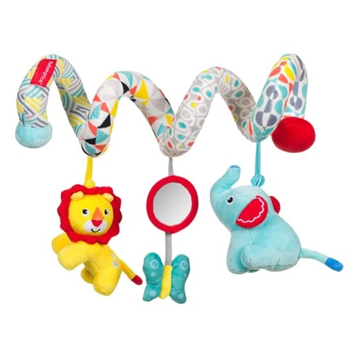 Jucarie pentru carucior sau patut in forma de spirala, Cu animalute, Figurine leu-elefant-fluture cu oglinda, Material moale, Multicolor