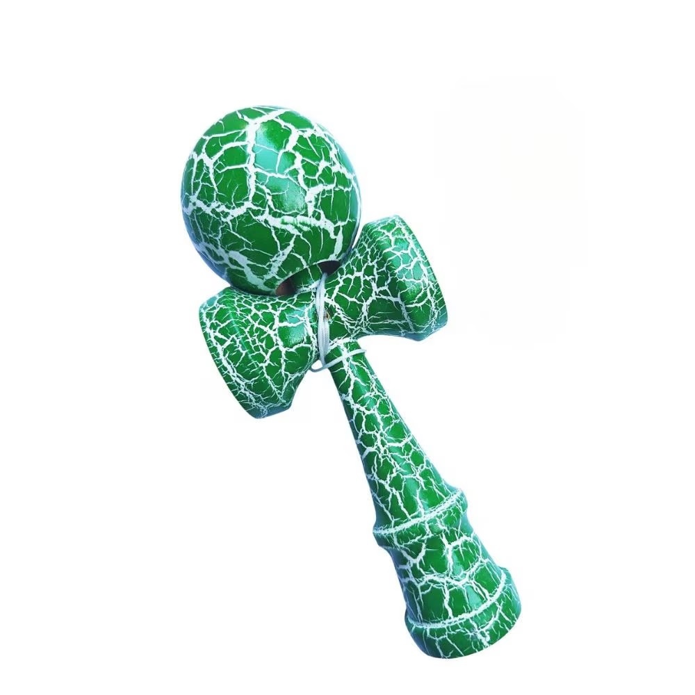 Kendama profesionala din lemn, model 18 cm, design crapat, culoare Verde/Alb