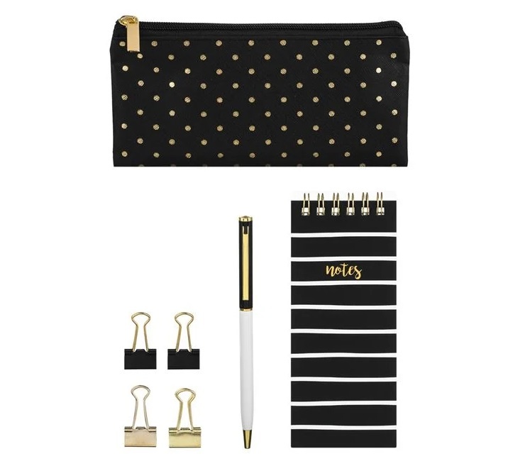 Kit de Birou cu Penar, Carnetel, Pix si 4 Agrafe – 7 Bucăți, negru - 2 | YEO