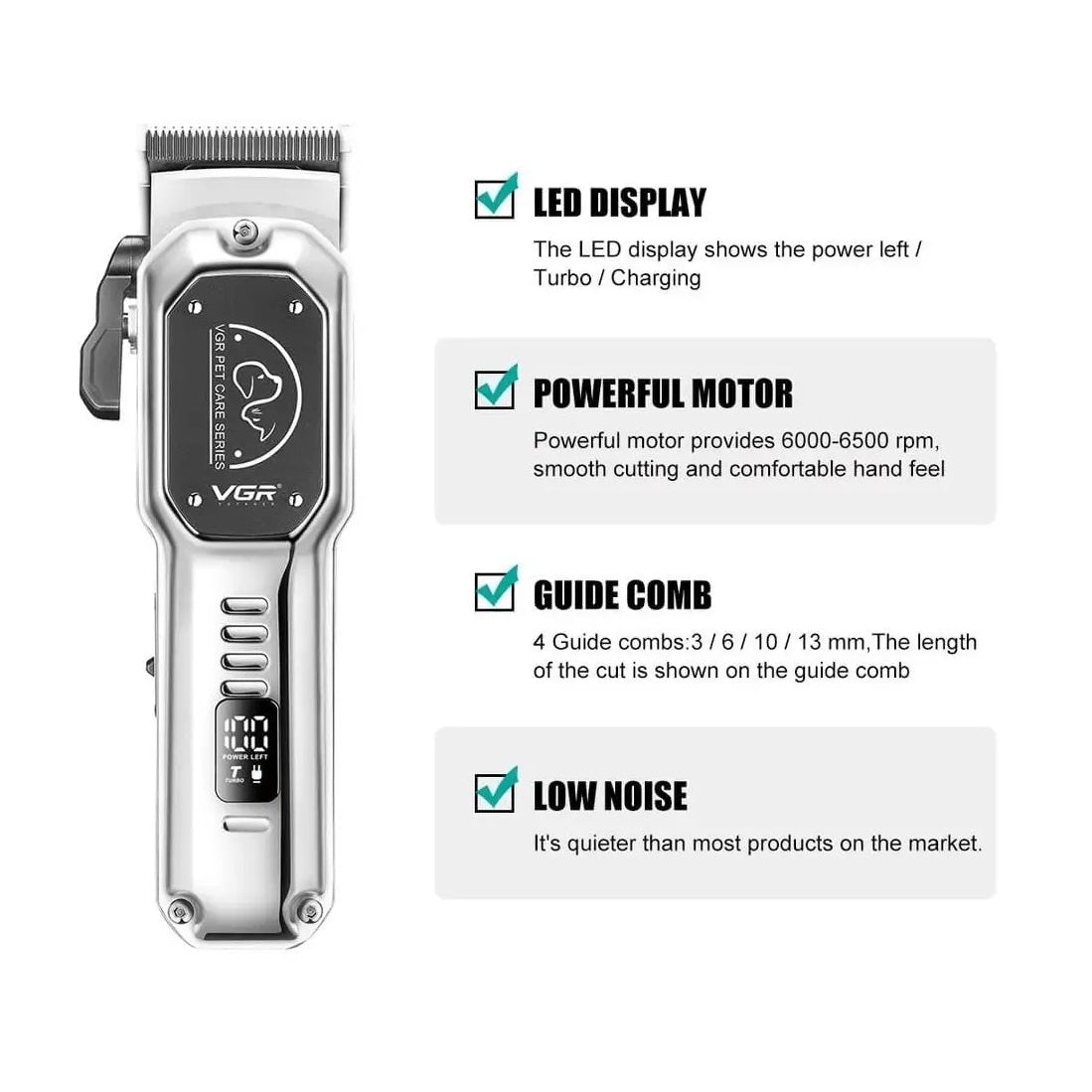 Masina de tuns profesionala pentru animale de companie, VGR V-201, Fara Fir, Funcție Turbo, Afișaj LED, Argintiu - 2 | YEO