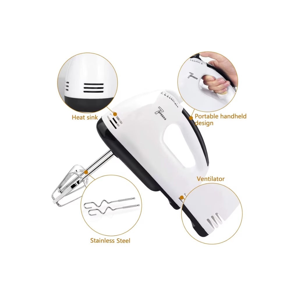 Mixer de mana, cu teluri si carlige din inox, 7 trepte viteza, 250W, alb cu negru - 2 | YEO