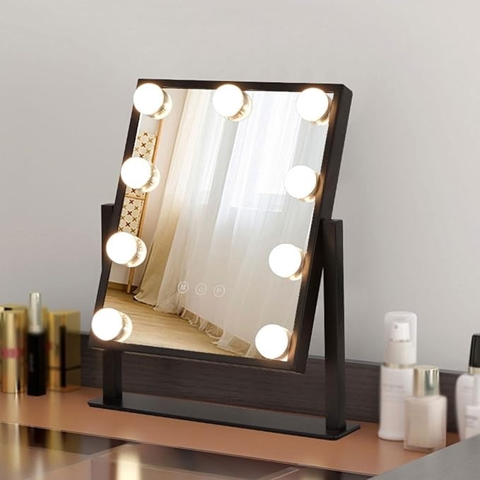 Oglinda cosmetica de masa, cu 9 LED-uri, lumina calda/rece 3000-6000k, 35x30.5x8.5cm, Negru - 2 | YEO