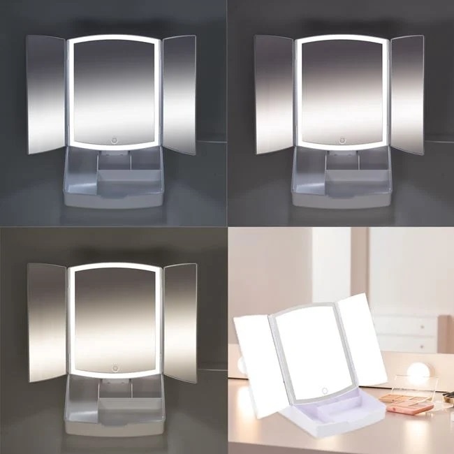 Oglinda Tripla Pliabila pentru Machiaj, 72 de Becuri LED, USB, 20x22x26cm, alb - 3 | YEO