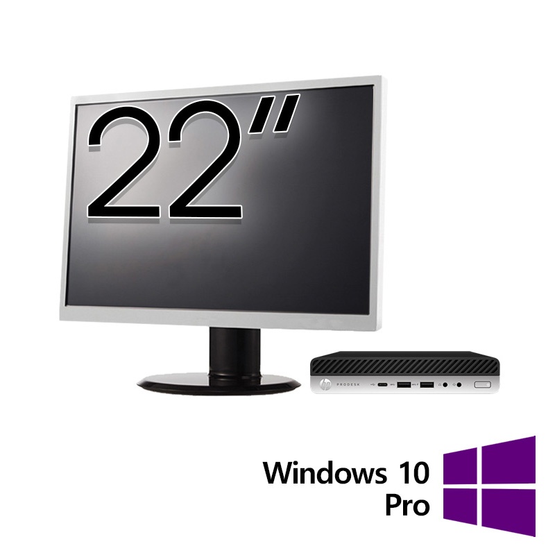Pachet PC Refurbished HP ProDesk 600 G4 Mini Intel Core i5-8500T 2.10 - 3.50GHz 8GB DDR4 256GB SSD + Monitor 22 Inch + Windows 10 Pro