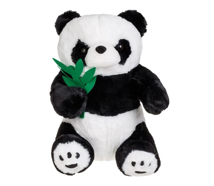 Panda de Pluș Așezat cu Frunze de Bambus, 22×22×35 cm, negru/alb