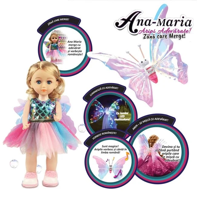 Papusa Ana Maria zana cu aripi, cu sunete si lumini LED, varsta 3+ ani, 54x13x41cm, multicolor - 1 | YEO