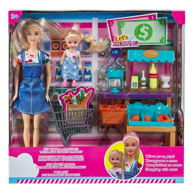 Papusa model cu copil la supermarket cu accesorii incluse, varsta 3+ ani, 33x7x33cm, multicolor