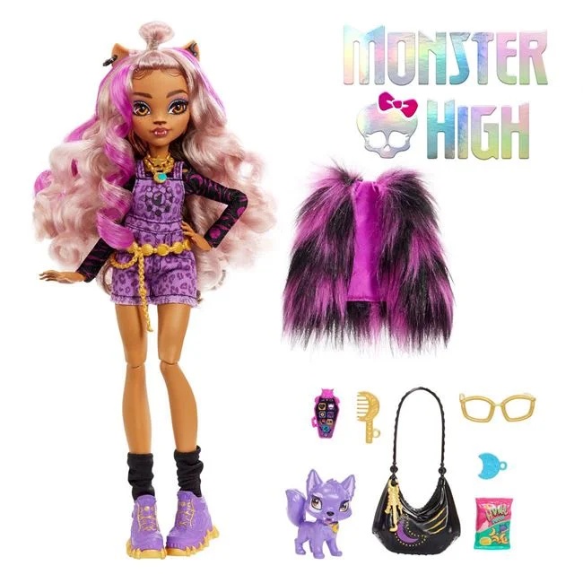 Papusa Monster High Clawdeen, cu accesorii incluse, varsta 4+ ani, 26x6x30cm, mov-negru - 1 | YEO