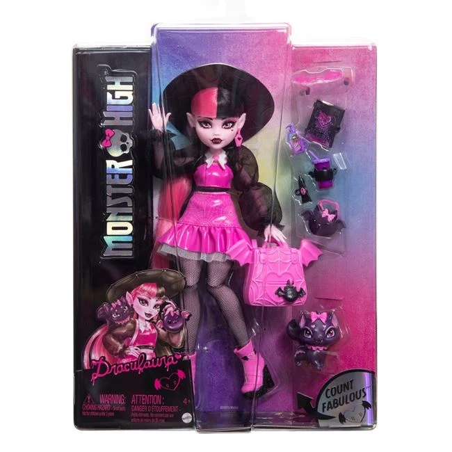 Papusa Monster High Draculaura cu accesorii incluse, varsta 4+ ani, 24x7x31cm, roz-negru