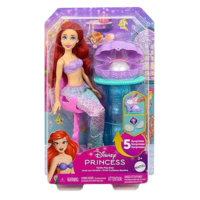 Papusa printesa Ariel cu scoica, cu accesorii incluse, varsta 3+ ani, 20.5x8x33cm, roz-albastru